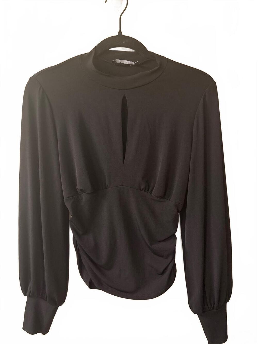 Triple Seven Black Long Sleeve Blouse with Keyhole Detail and Ruched Waist